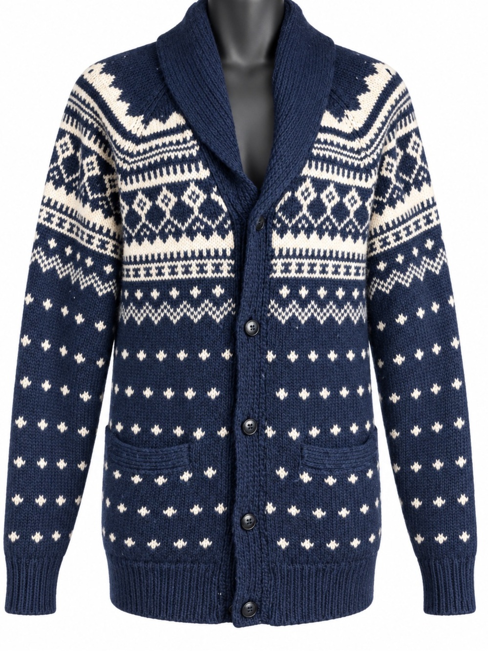 vintage J.Crew Lambswool/Alpaca Blend Fair Isle Shawl Collar Cardigan in navy bl